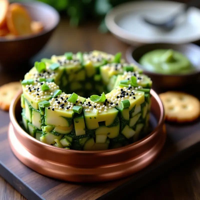 Tartar de alga akame servido en molde de cobre sobre tabla de madera oscura, con capas visibles de aguacate, pepino y semillas de sésamo negro y blanco. Acompañado de galletas de arroz y decorado con cebollino fresco.