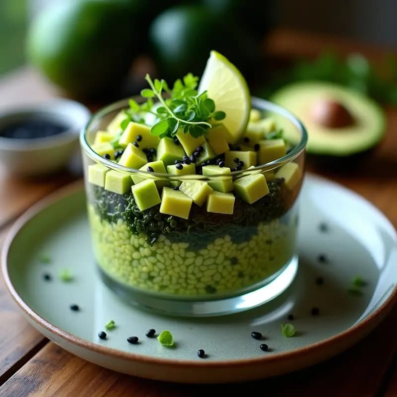 Tartar de algas wakame y nori marinadas con lima, aguacate y semillas de sésamo, servido en copa de cristal con decoración de gajos de lima y tiras de alga nori.