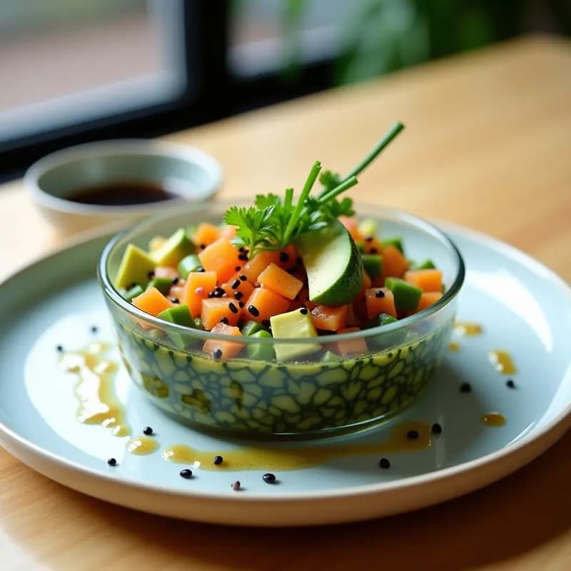 Tartar de algas wakame y nori con marinado de cítricos, servido en copa transparente con aguacate en cubos, semillas de sésamo negro y pimienta rosa, sobre fondo de madera clara.