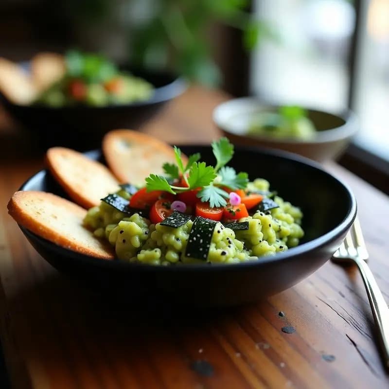 Tartar de algas nori y aguacate servido en un bol de cerámica negra, con tostadas integrales y semillas de sésamo negro espolvoreadas, receta vegana rápida.