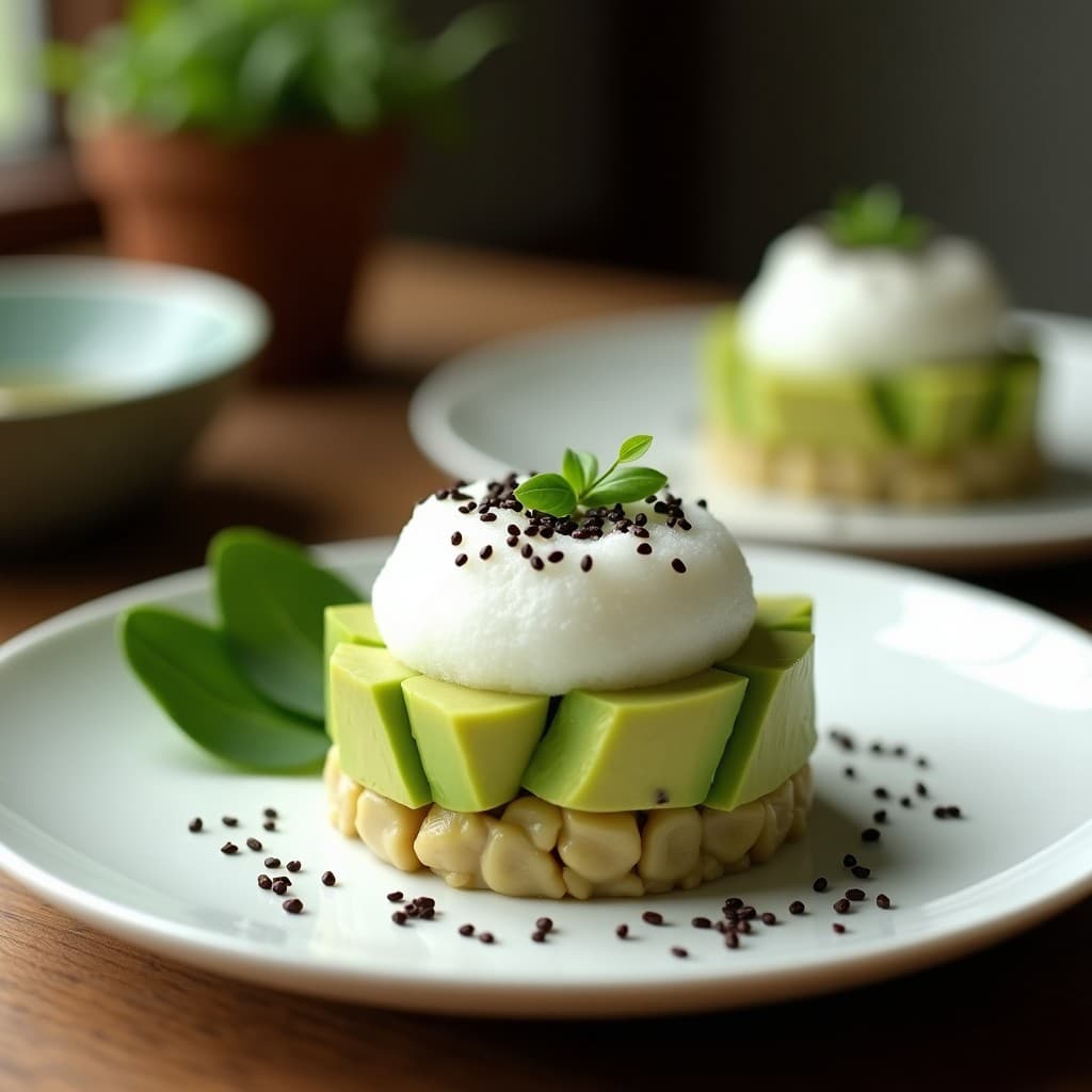 Tartar de algodón de azúcar y aguacate en molde redondo, con capas visibles de aguacate cremoso, algodón de azúcar blanco, semillas de sésamo negro y hojas de shiso frescas. Postre salado japonés servido en plato minimalista.
