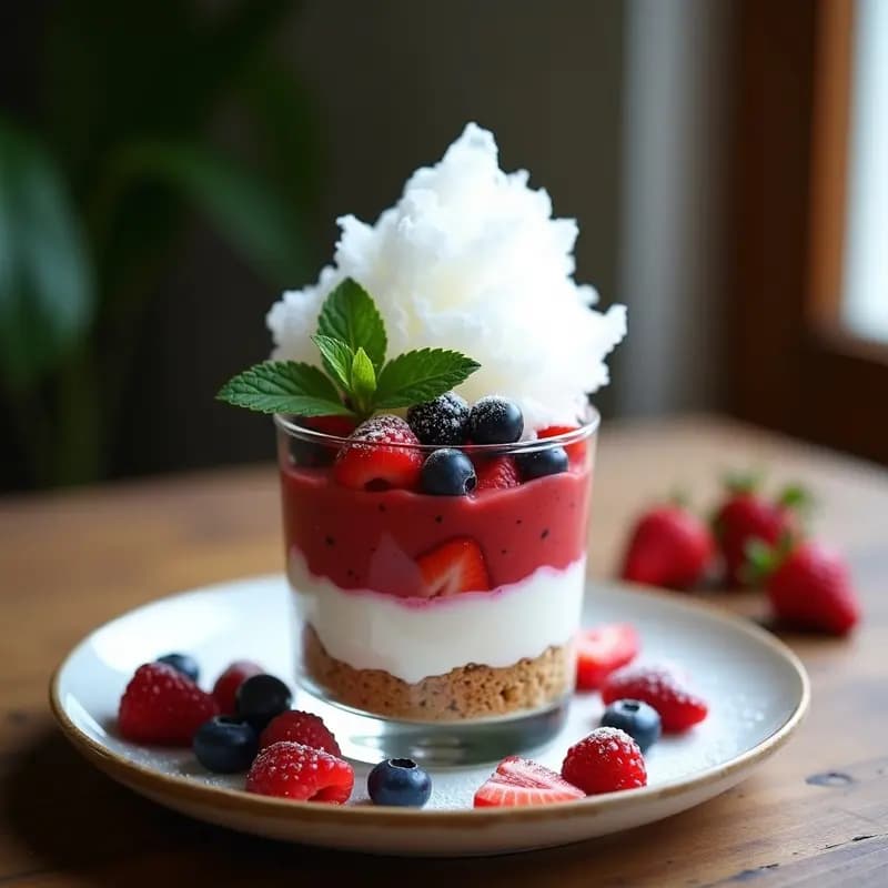 Tartar de algodón de azúcar y frutos rojos servido en copa de cristal transparente, con capas de galleta triturada, yogur griego, fresas, frambuesas y arándanos, coronado por una nube de algodón de azúcar blanco y hojas de menta fresca.