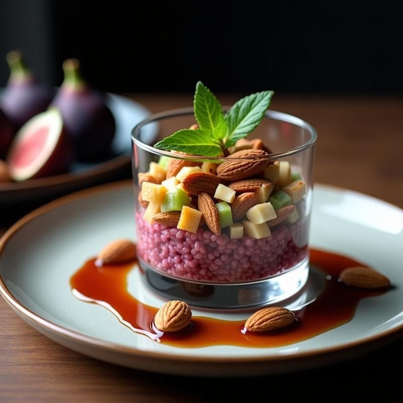 Tartar de almendras y higos con vinagreta de vinagre balsámico servido en copa de cristal, con capas visibles de higos en cubos, almendras tostadas y hierbas frescas, decorado con hilo de vinagre balsámico reducido sobre fondo oscuro.