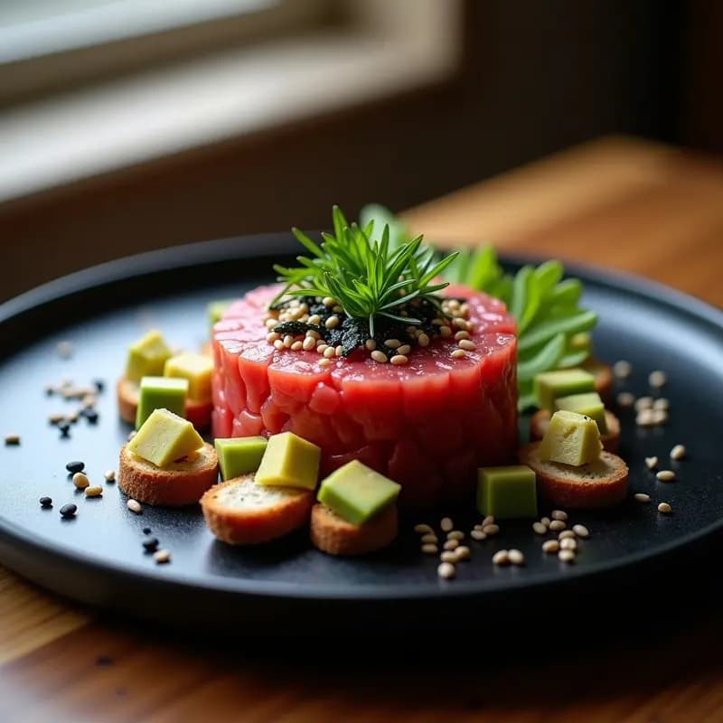 Plato de pizarra con tartar de atún rojo en dados, algas nori picadas, semillas de sésamo negro y cebollino, servido con tostadas crujientes y aguacate en cubos.