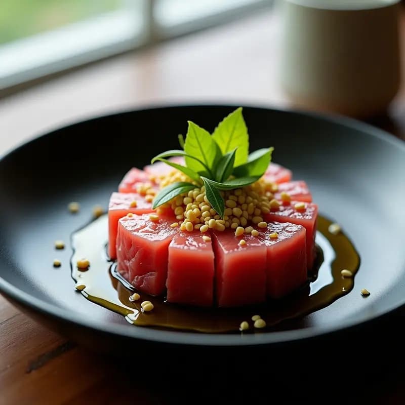 Tartar de atún rojo en moldes redondos, con dados perfectos, decorado con tiras de alga nori, semillas de sésamo tostado, granos de pimienta rosa y un hilo de aceite de oliva virgen extra en zigzag sobre fondo de pizarra negra. Receta japonesa alta en omega-3.