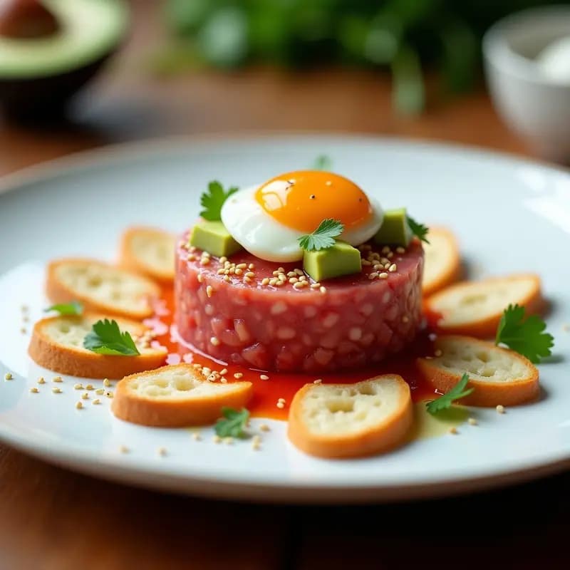 Plato blanco minimalista con tartar de atún y aguacate en molde cilíndrico, decorado con salsa sriracha, semillas de sésamo, cebollino y huevo de codorniz, acompañado de tostadas doradas. Receta francesa picante en 10 minutos.