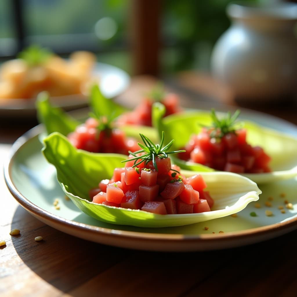 Entrante elegante de tartar de atún rojo con aguacate y wasabi servido en cucharas de endibia, decorado con semillas de sésamo y cebollino sobre una mesa rústica.