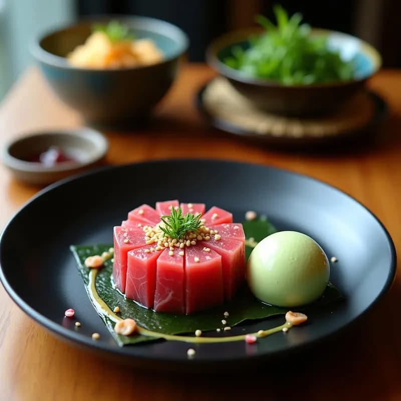 Plato minimalista con tartar de atún rojo en dados sobre base blanca, acompañado de una quenelle de helado de wasabi verde pálido y decorado con salsa ponzu dorada, algas nori y semillas de sésamo negro. Receta de tartar de atún con helado de wasabi y salsa ponzu.