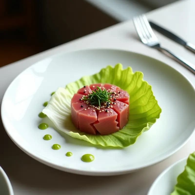 Plato blanco minimalista con tartar de atún rojo en cubos sobre hoja de lechuga romana, decorado con salsa de wasabi verde, semillas de sésamo negro y cebollino picado. Receta japonesa sin cocción.