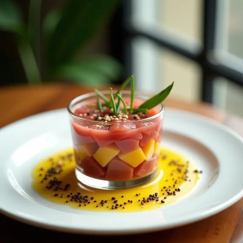 Tartar de atún rojo fresco con cubos de mango maduro, decorado con semillas de sésamo negro y blanco, cebollino picado y un hilo de aceite de sésamo tostado. Servido en copa de cristal sobre fondo claro, resaltando los colores vibrantes del plato y su textura sedosa.