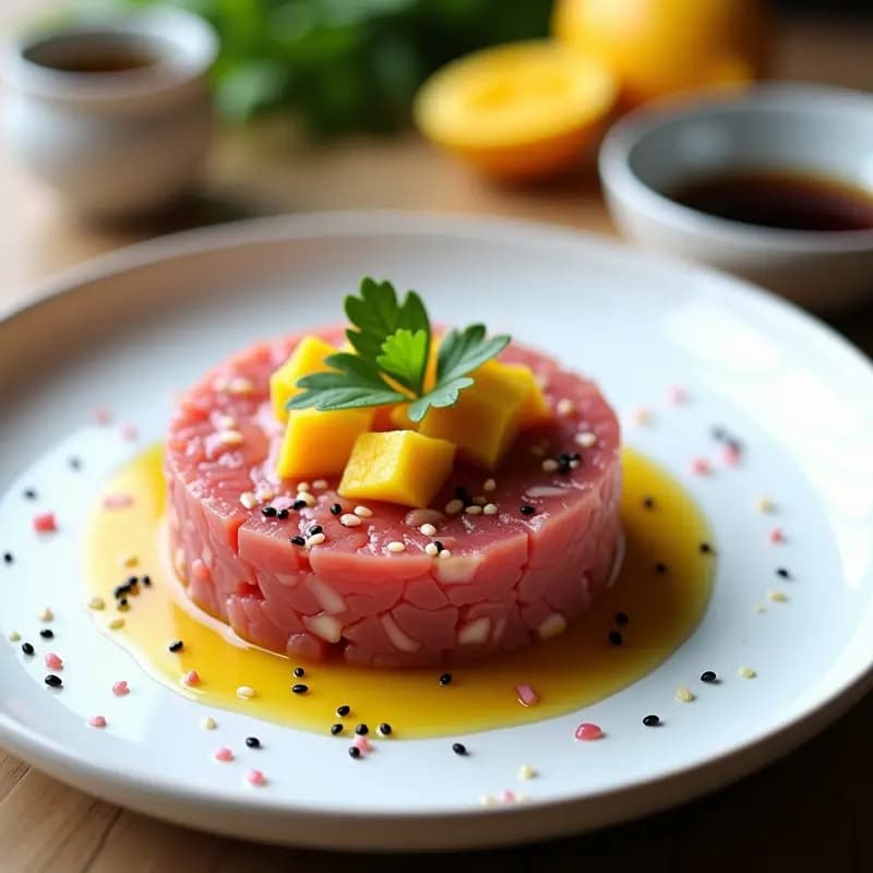 Plato elegante de tartar de atún con mango en cubos perfectos, salsa de jengibre dorada y semillas de sésamo, decorado con hojas de cilantro y menta fresca sobre fondo blanco.