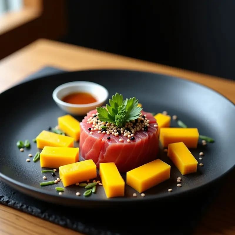 Plato de pizarra negro con tartar de atún rojo y mango en cubos, decorado con semillas de sésamo negro y blanco, cebollino picado, hojas de cilantro y pimienta rosa, acompañado de salsa de soja y jengibre en un cuenco pequeño. Receta japonesa gourmet de tartar de atún con mango.