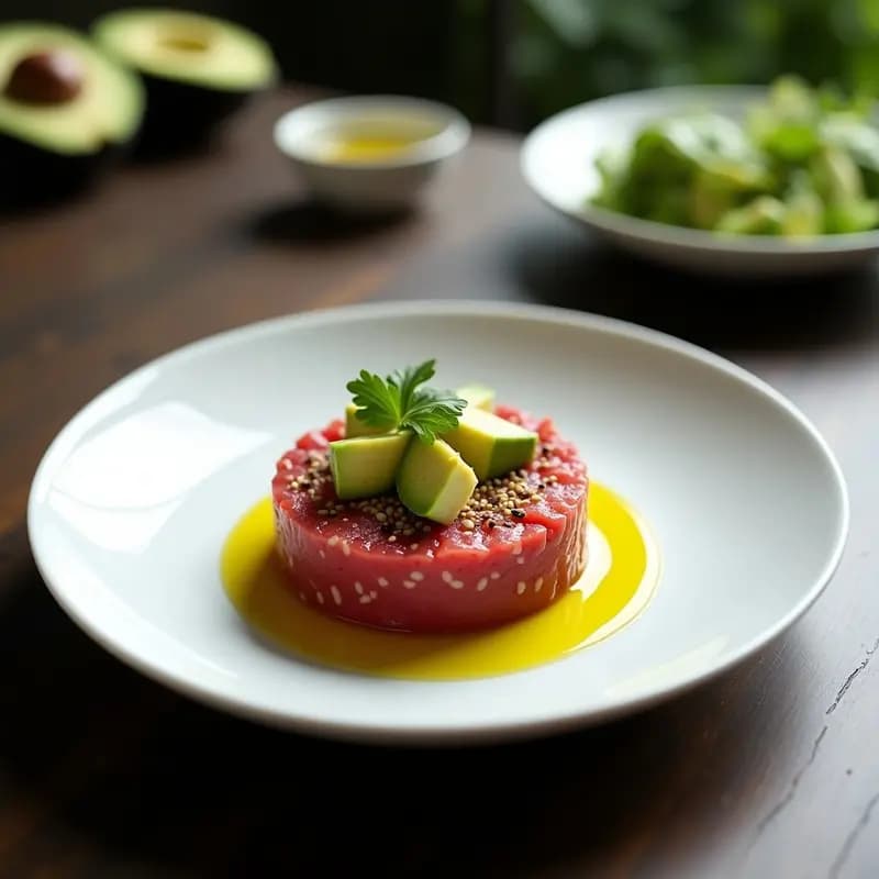 Plato blanco elegante con tartar de atún rojo y aguacate en cubos, decorado con semillas de sésamo, cebollino, huevo de codorniz y un hilo de aceite de oliva virgen extra. Receta francesa de lujo.