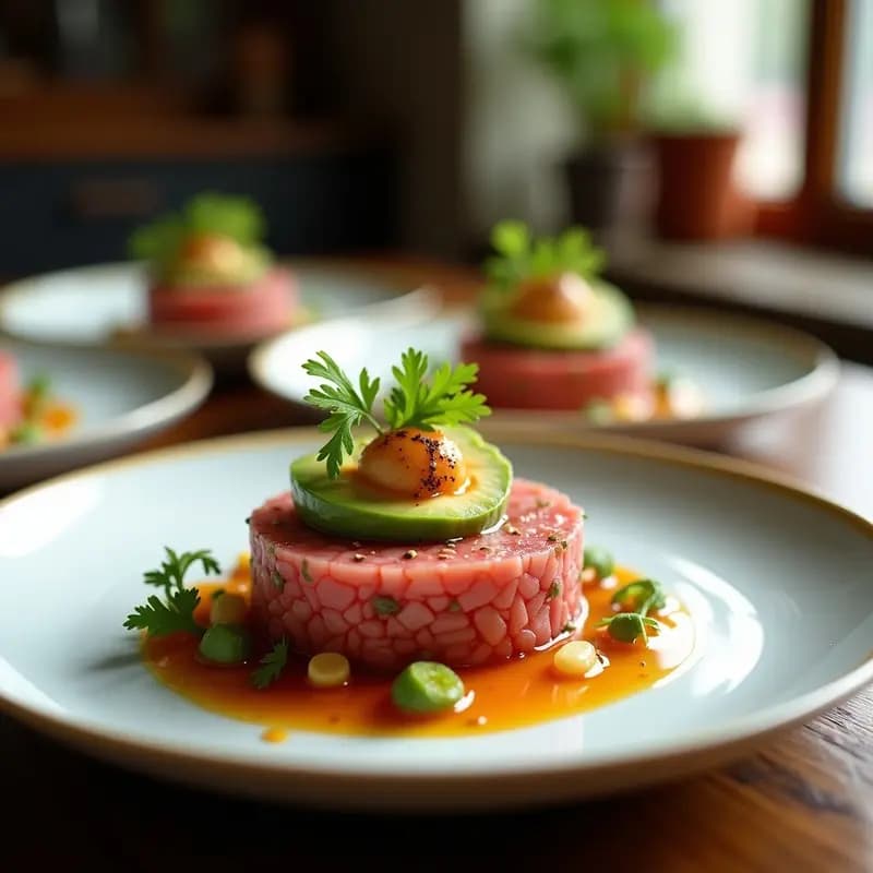 Plato de porcelana blanca con tartar de atún rojo, aguacate en cubos y láminas, alicates decorando, semillas de sésamo negro y un hilo de aceite de oliva virgen extra, receta japonesa con toque mediterráneo.