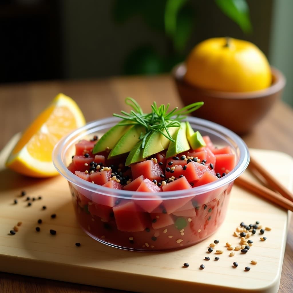 Tartar de atún rojo con aguacate y vinagreta de yuzu servido en un tupper transparente, decorado con semillas de sésamo negro, láminas de alga nori y cebollino picado, sobre un fondo de madera clara.