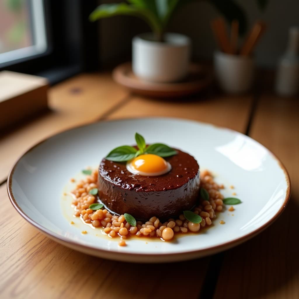 Tartar de avena y chocolate negro en porciones individuales, con capas visibles de avena tostada crujiente, chocolate negro brillante y almendras fileteadas, servido en plato blanco rústico.