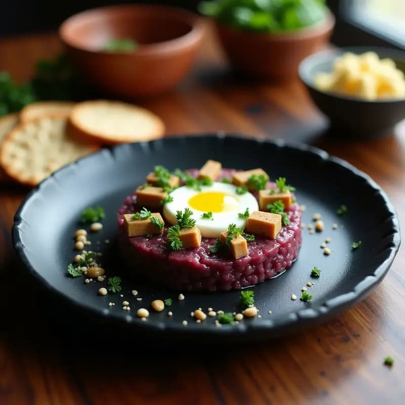 Plato de pizarra con tartar de berenjena ahumada en cubos dorados, coronado con queso vegano cremoso, perejil fresco y un hilo de aceite de oliva, acompañado de tostadas sin gluten.