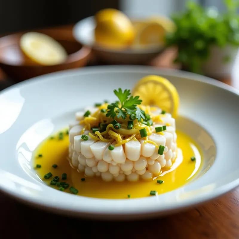 Cuenco de porcelana blanca con tartar de calamares en dados, bañado en aceite de oliva dorado con hebras de azafrán, decorado con perejil fresco y ralladura de limón sobre fondo rústico de madera.