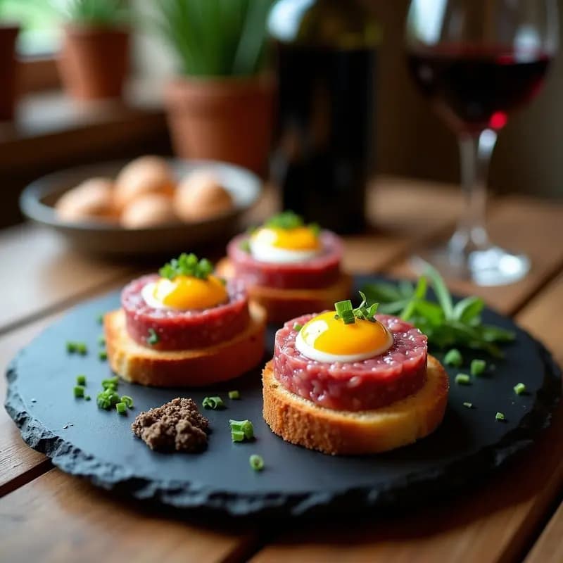 Plato de pizarra con tartar de carne de res finamente cortada, dispuesto en moldes redondos sobre tostadas doradas de baguette. Cada porción coronada con dos yemas de huevo de codorniz brillantes, hilo de aceite de trufa negra y cebollino picado. Fondo oscuro con detalles rústicos y copas de vino.