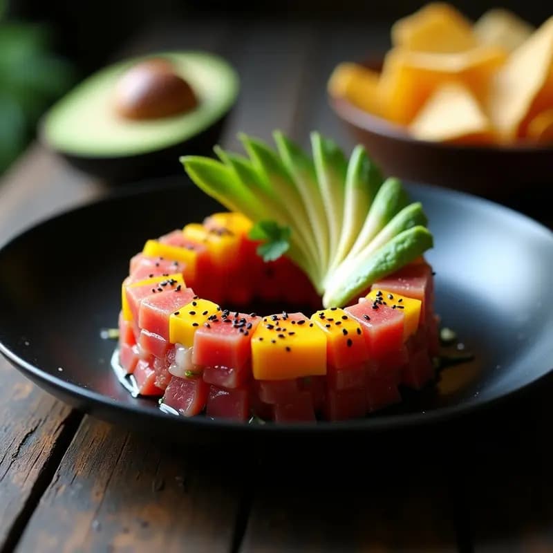 Plato de tartar cebiche fusion de atún y mango, con trozos de atún rojo y mango amarillo en cubos, decorado con láminas de aguacate y semillas de sésamo negro, servido en un molde redondo sobre un plato negro.