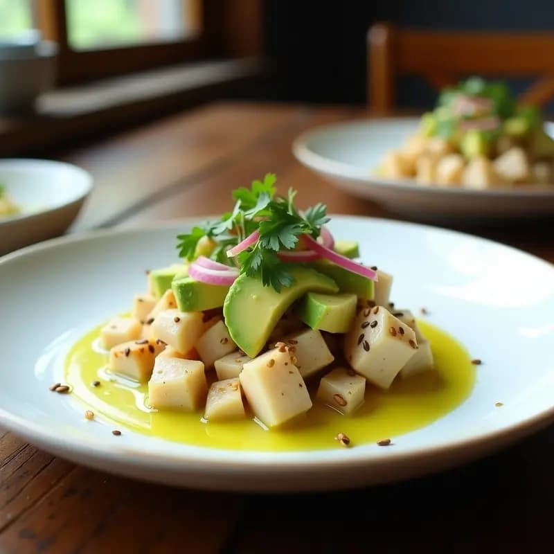Plato elegante de tartar cebiche fusion con corvina, aguacate y lulo, bañado en leche de tigre amarilla, decorado con cilantro y semillas de sésamo.