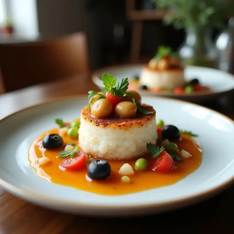 Tartar de cebiche de hongos portobello vegano servido en copa de cristal, con capas de hongos marinados en cítricos, aguacate, cebolla morada y semillas de sésamo, acompañado de tostadas integrales.
