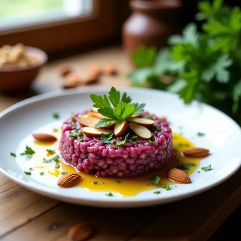 Plato blanco con tartar de cebolla morada en cubos, apio picado, almendras fileteadas y perejil fresco, aliñado con vinagreta de naranja brillante.