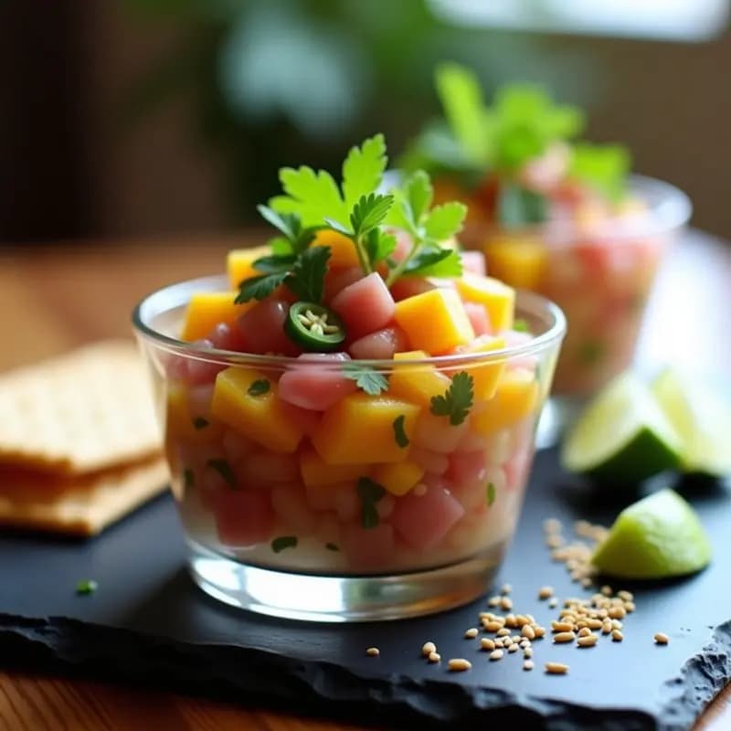 Tartar de atún y mango estilo ceviche servido en copa transparente, con semillas de sésamo espolvoreadas, cilantro fresco y rodajas de limón verde como decoración.