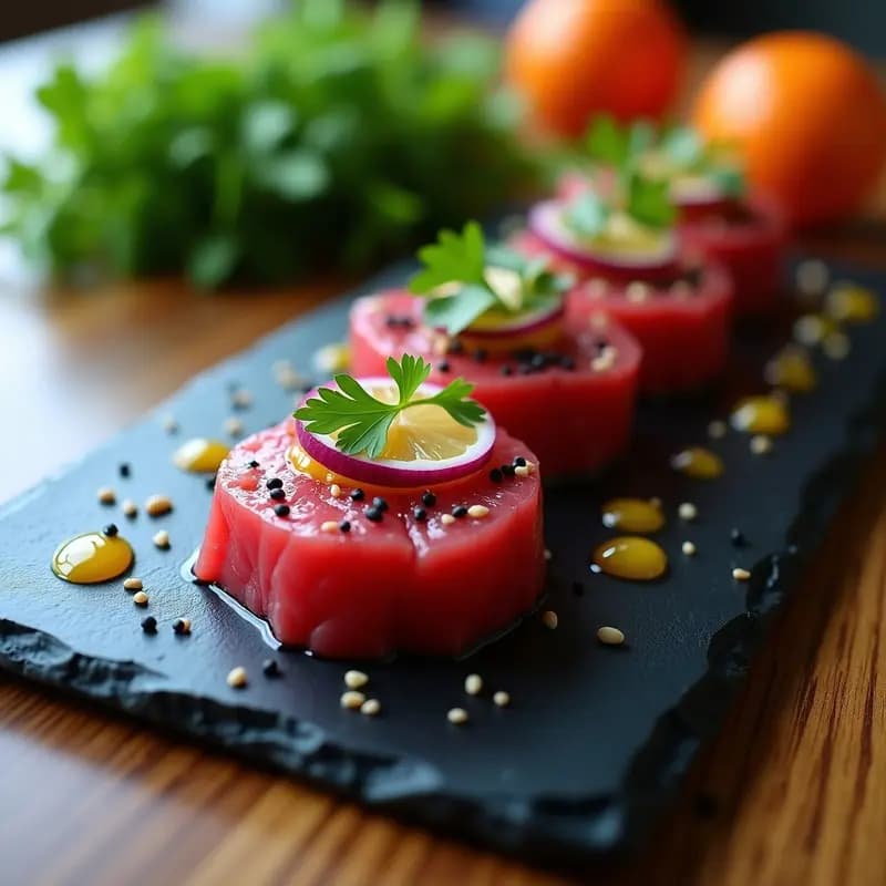 Plato de pizarra con tartar de atún rojo en cubos perfectos, bañado en ceviche de limón yuzu, decorado con semillas de sésamo negro, cebolla morada y cilantro fresco.