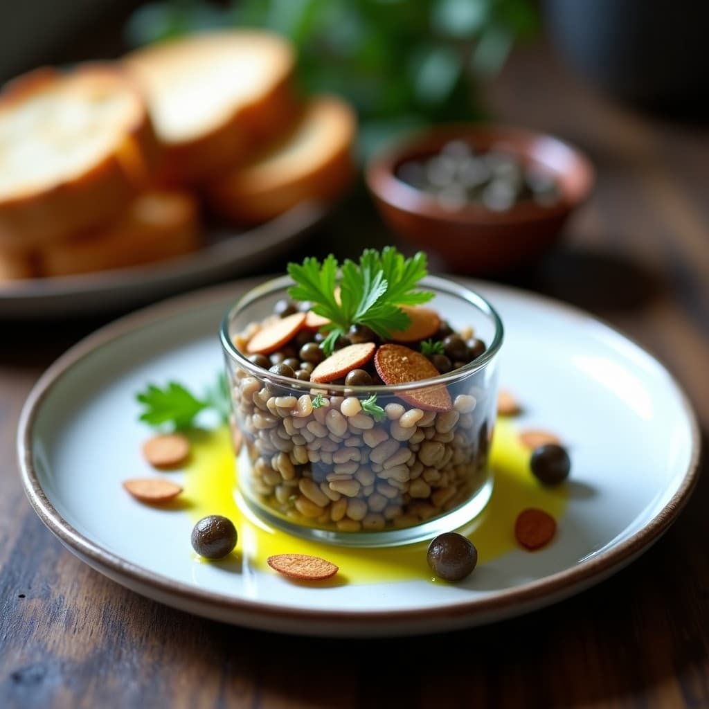 Tartar de champiñones portobello y alcaparras servido en copas de cristal sobre pan de centeno tostado, con decoración de perejil fresco y almendras laminadas, entrante vegano con toque francés.