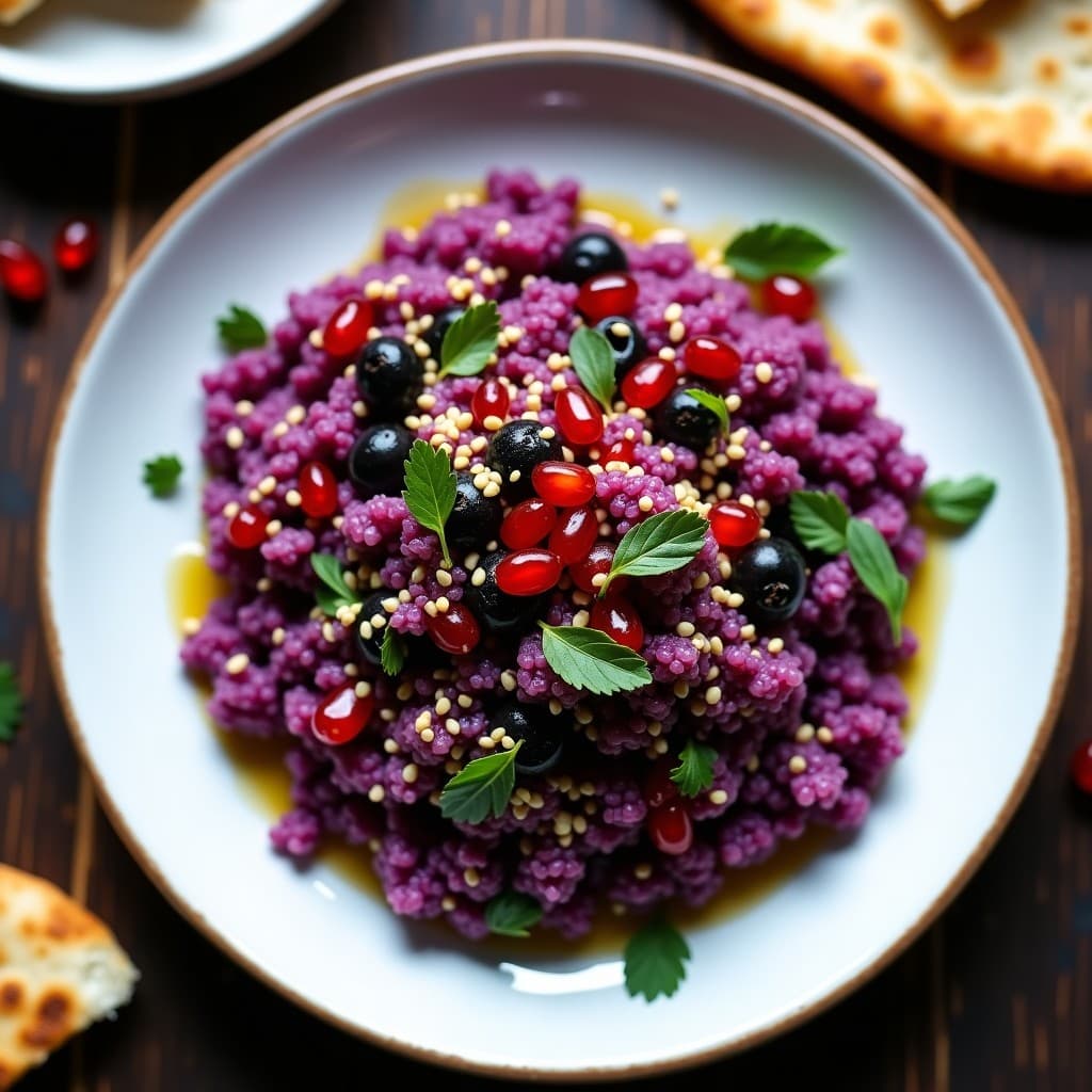 Plato blanco ovalado con Tartar de Coliflor Morada y Aceitunas Kalamata con Vinagreta de Zaatar, decorado con semillas de granada y perejil fresco, sobre fondo rústico de madera oscura con pan de pita tostado al lado.