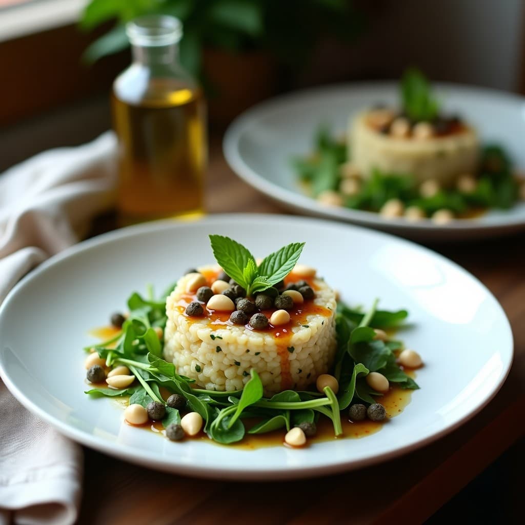 Plato blanco elegante con tartar de corazón de alcachofa en forma de círculo perfecto, decorado con piñones tostados, alcaparras y hojas de menta, sobre un lecho de rúcula baby. Vinagreta de vinagre de módena brillando sobre el tartar.
