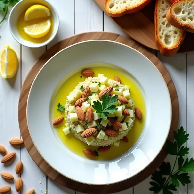 Plato blanco con tartar de alcachofas crudivegano, trozos de apio y cebolla morada, decorado con almendras fileteadas tostadas y perejil fresco, servido con tostadas de pan sin gluten.
