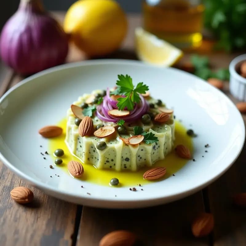 Tartar de alcachofas vegano en cuenco de cerámica blanca, con trozos de alcachofa, cebolla morada, alcaparras y almendras tostadas, decorado con perejil fresco y un hilo de aceite de oliva.