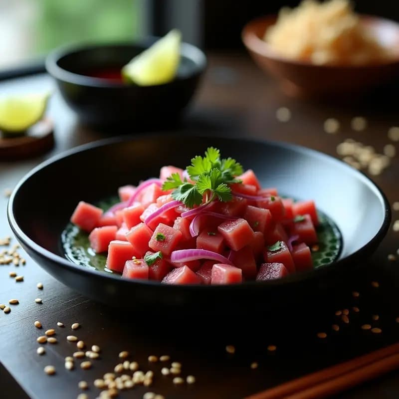 Tartar de atún rojo estilo Nikkei en cuenco de cerámica negra, con trozos de atún marinado en leche de tigre, cebolla morada, semillas de sésamo y cilantro fresco. Plato fresco y elegante de cocina fusión peruano-japonesa.