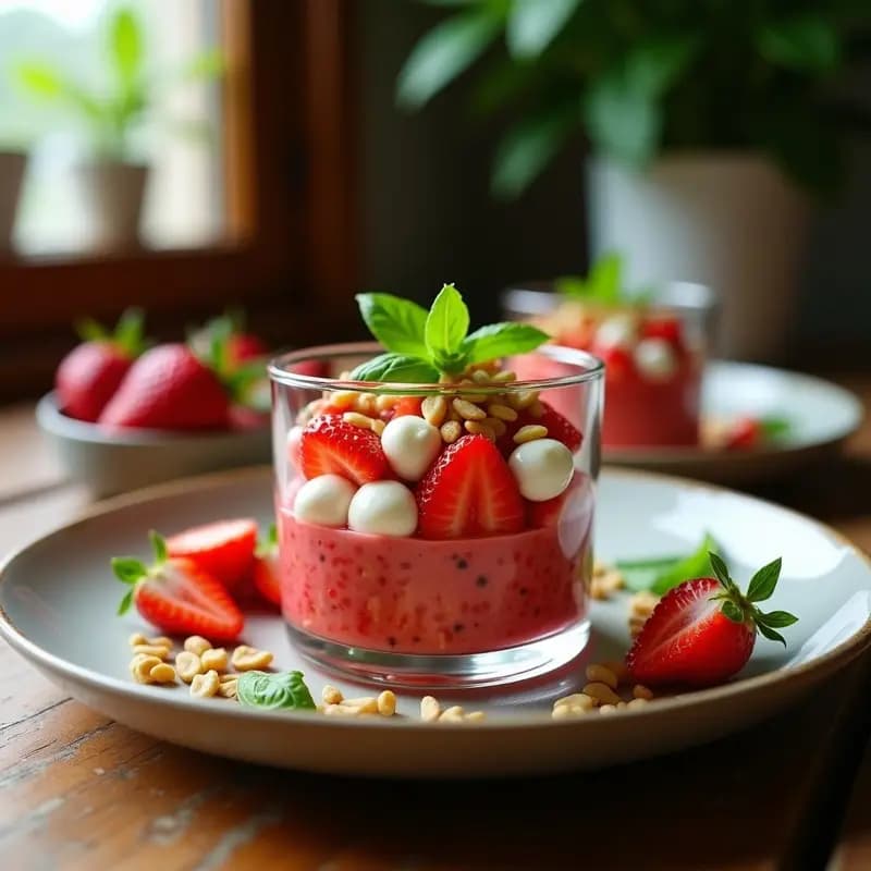 Tartar de fresas y queso de búfala en copa de cristal con vinagreta de albahaca, decorado con piñones tostados y hojas de albahaca fresca. Aperitivo italiano keto colorido y fresco.