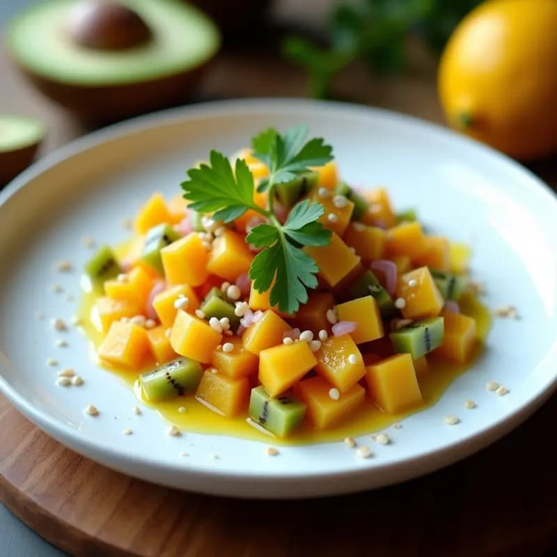 Tartar colorido de frutas tropicales como maracuyá, guanábana, carambola y kiwi, con vinagreta dorada de chile de árbol, decorado con semillas de sésamo y cilantro fresco. Plato fresco y vibrante, ideal como aperitivo mexicano.