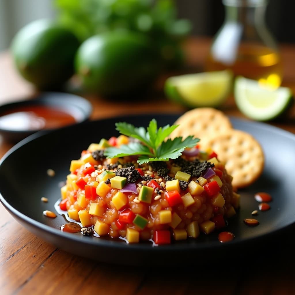 Tartar vegano japonés de jackfruit ahumado con aguacate en cubos, salsa teriyaki brillante y decoración de sésamo tostado y algas nori sobre un plato negro. Fondos desenfocados con ingredientes crudos.