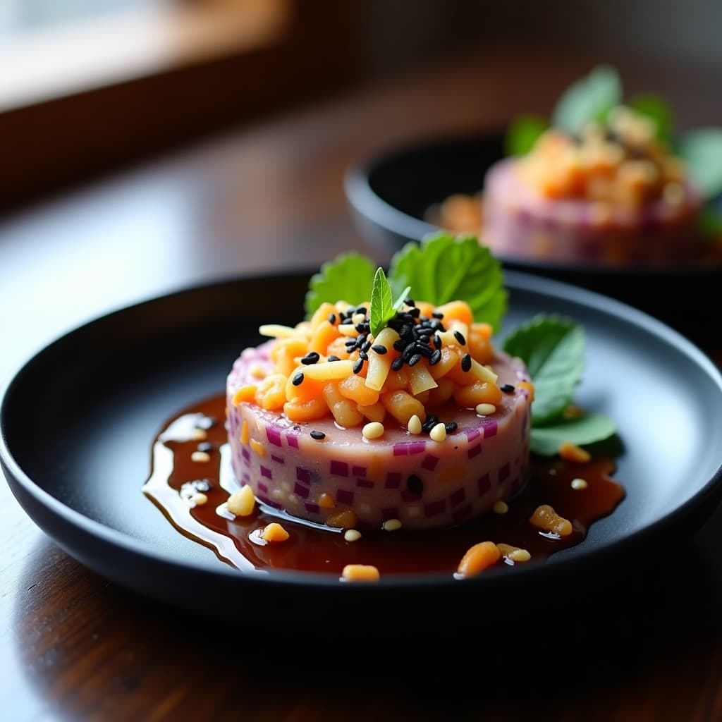 Tartar de jackfruit desmenuzada con coliflor rallada, zanahoria morada y cebolla morada, bañado en salsa teriyaki brillante, decorado con semillas de sésamo negro y blanco, algas nori y un hilo de aceite de sésamo tostado. Plato vegano alto en fibra con texturas crujientes y colores vibrantes.