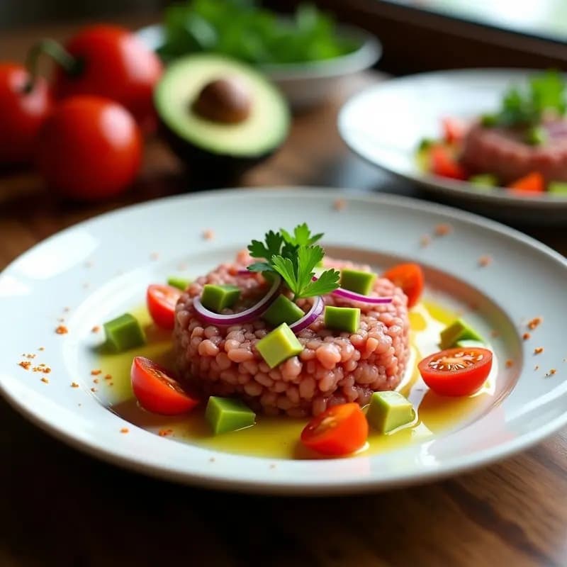 Tartar de pulpo en conserva con aguacate servido en plato blanco, decorado con perejil fresco y pimentón, sobre fondo rústico.