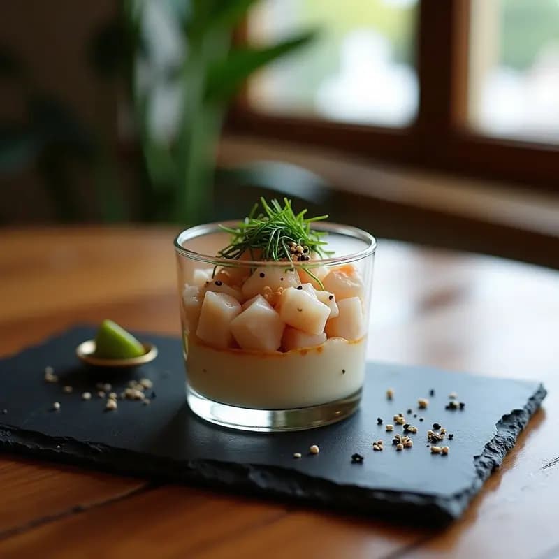 Tartar de pulpo al miso y algas servido en copa de cristal con semillas de sésamo negro y cebollino, receta gourmet fusión japonesa.