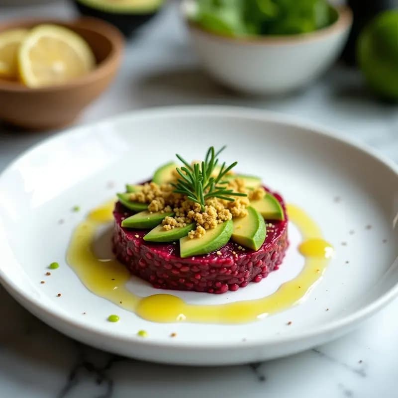 Plato blanco elegante con tartar de remolacha y aguacate en capas, coronado con crumble dorado de pistacho y decorado con cebollino fresco. Vinagreta brillante y aceite de sésamo tostado. Receta vegana y crudivegana.