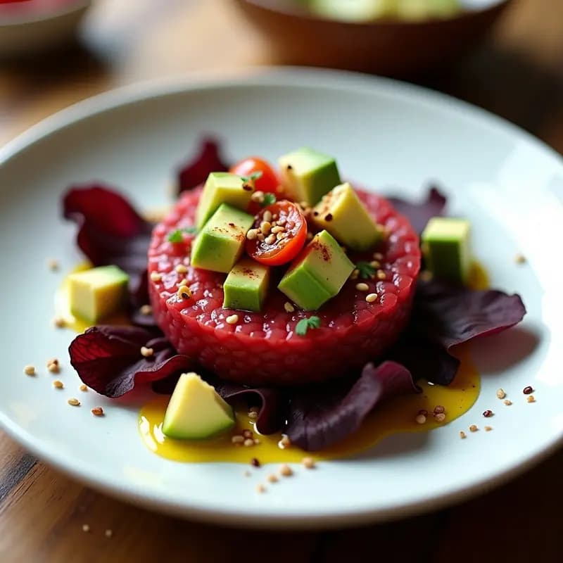 Plato blanco con tartar de remolacha ahumada en cubos sobre hojas de lechuga morada, acompañado de aguacate, semillas de sésamo y aderezo cítrico, receta de ceviche vegano peruanizado.