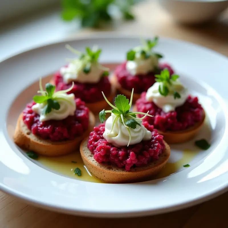 Plato de tartar de remolacha ahumada con queso vegano, decorado con perejil y germinados sobre tostadas de pan de centeno sin gluten, receta crudivegana alta en proteínas.