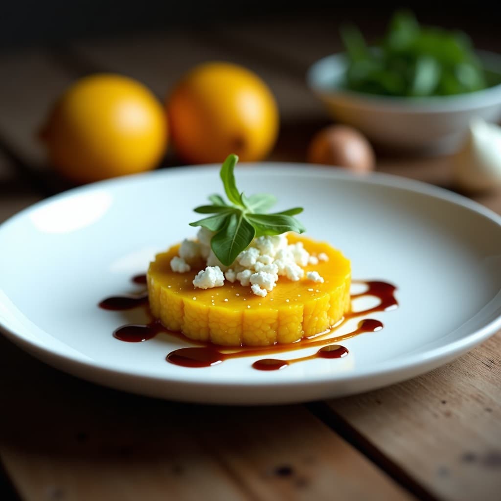 Plato blanco elegante con tartar de remolacha amarilla en cubos, queso de oveja curado, nueces picadas y reducción de vinagre de Módena en zigzag sobre hojas de rúcula, acompañado de pan sin gluten tostado. Receta italiana gourmet de alta cocina.