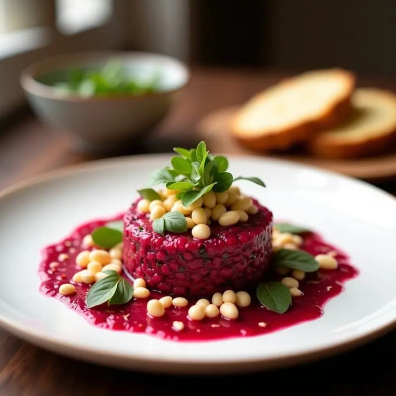 Tartar de remolacha y coco vegano servido en hojas de endivia, con aguacate en cubos, coco rallado y cilantro fresco, receta de ceviche sin pescado alta en proteína.