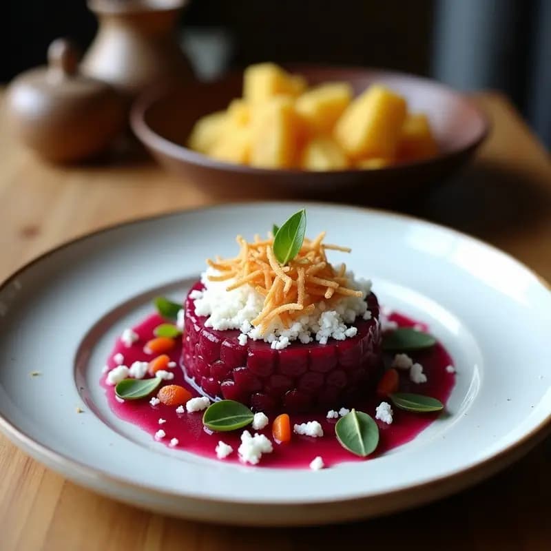 Copas elegantes con tartar de remolacha rallada y coco tostado, decorado con cebollino y semillas de sésamo, acompañado de triángulos de pan de pita crujiente. Receta vegana y sin gluten de tartar de remolacha y coco crujiente.