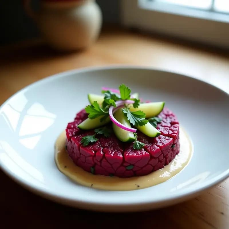 Plato blanco con tartar de remolacha crudivegano, trozos de remolacha morada, pepino y cebolla morada, bañado en salsa de tahini cremosa, decorado con perejil y menta fresca.