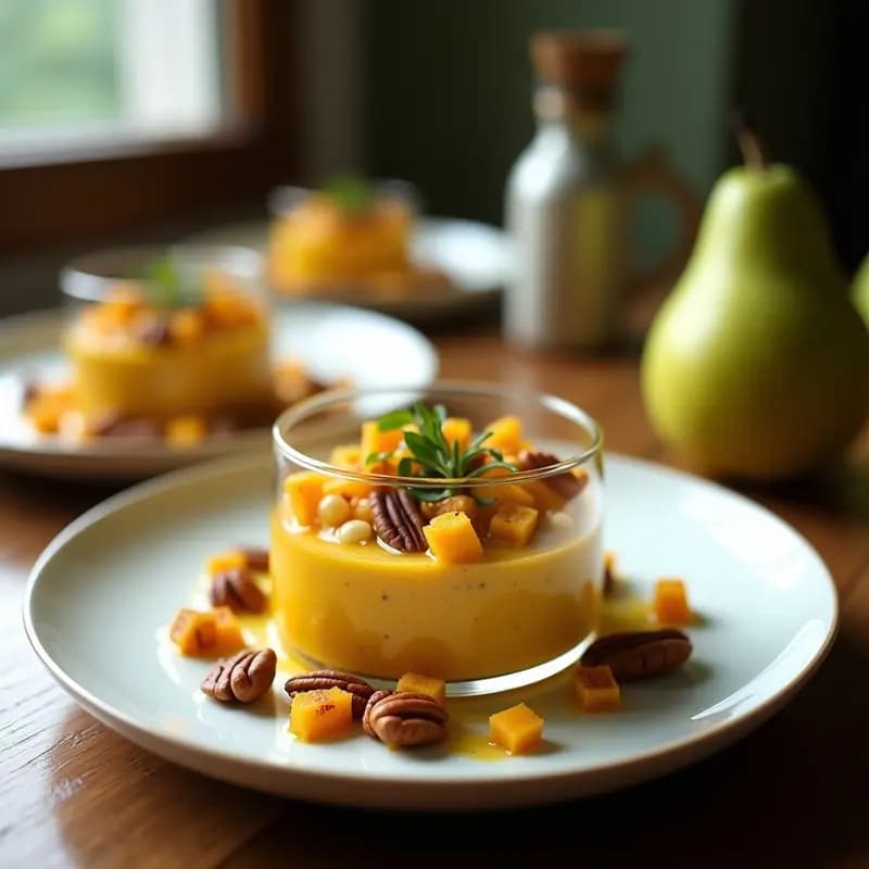 Tartar de remolacha dorada y pera en copa de cristal transparente, con trozos dorados de remolacha, pera verde y nueces pecanas tostadas, bañado en vinagreta de sidra brillante.