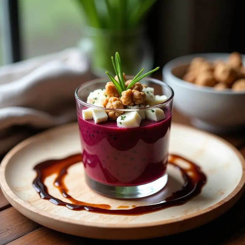 Copa elegante con tartar de remolacha y gorgonzola, decorado con nueces tostadas y cebollino, servido sobre una tabla de madera rústica.